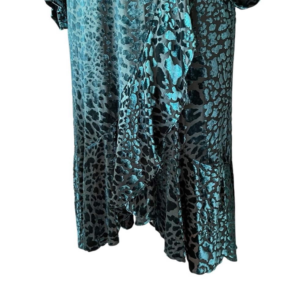 Calvin Klein Dress Size 4 Velvet Emerald Green Animal Print Ruffle Bow Holiday - Picture 6 of 7